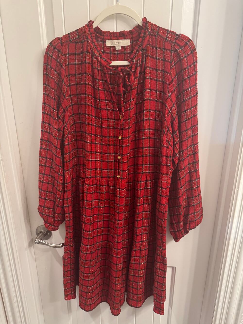 Ann Taylor Loft Large Red Plaid Metallic Dress